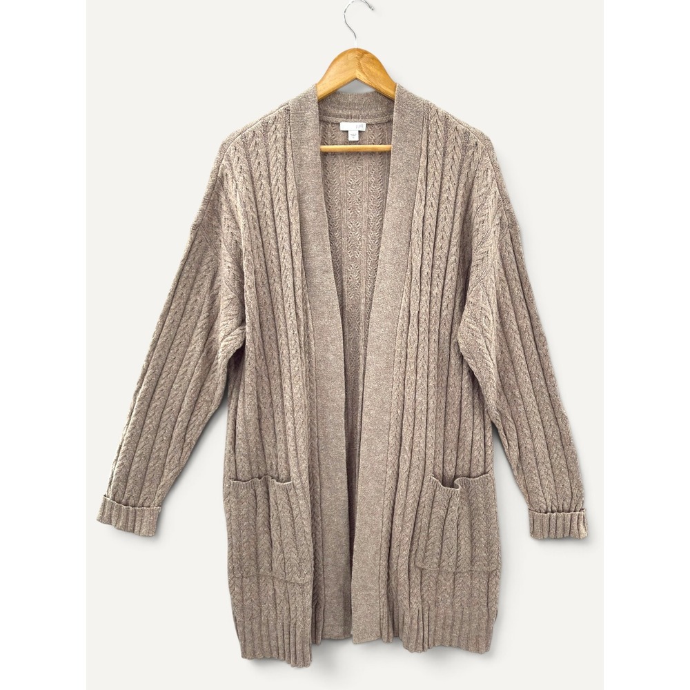 J. Jill Cotton Wool Blend Cardigan Taupe Cable Knit Open Front Pocket XL Cozy